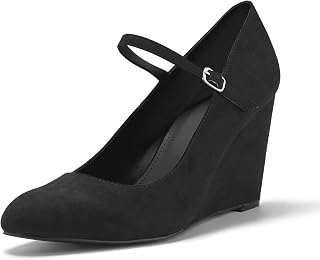 Coutgo Womens Wedge Pumps Elegant Mary Jane Shoes Comfortable Closed Toe Ankle Strap