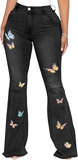 Women's Butterfly Bell Bottom Jeans Elastic High Waisted Embroidered Classic Flareed Jeans Raw Hem Denim Pants with Pocket