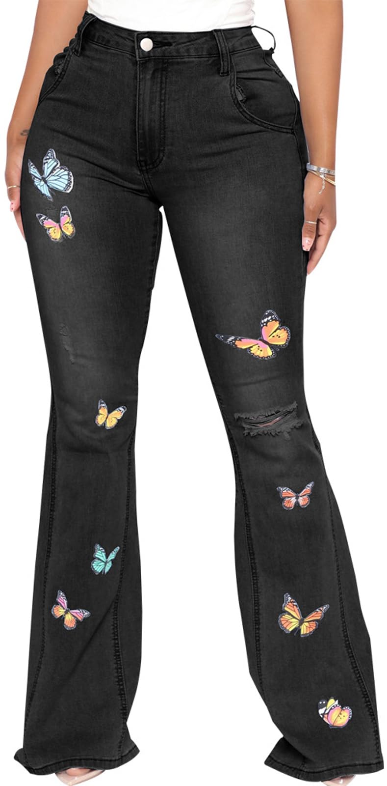 Women's Butterfly Bell Bottom Jeans Elastic High Waisted Embroidered Classic Fla
