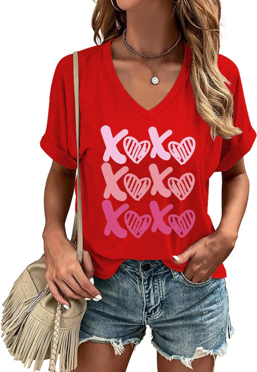 Woffccrd T-shirt da donna a maniche corte con scollo a V, per San Valentino, pri