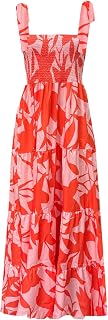 kinstell - Women's Summer Boho Spaghetti Strap Square Neck Ruffle Casual Beach Party Maxi Long Dress