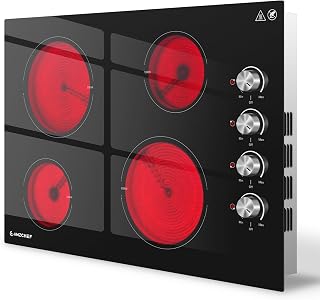 AMZCHEF 30" Electric Cooktop 4 Burner 7000W Built-in Stove All Cookware | Ceramic Glass Cooktop | Knob Control | 240V Hardwired | Radiant Burners | Kitchen Renovation & Replacement Stove