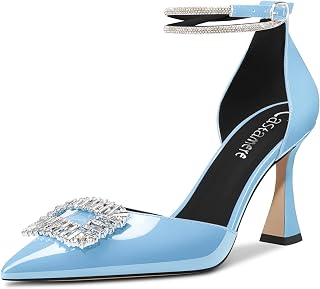 Castamere Women's High Block Chunky Heel Strappy Ankle Strap Diamond Crystal Pointed Toe Pumps 8.5CM Heels