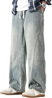 PADOLA Men's Straight Leg Jeans with Elasticated Waist and Drawstring Used Wash Denim Trousers with Side and Back Pockets