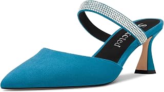 Saekcted Women's Chunky Block Medium Heel Pointed Toe Pumps Slip-on Diamante Crystal Casual Cute Slippers Fashion Shoes