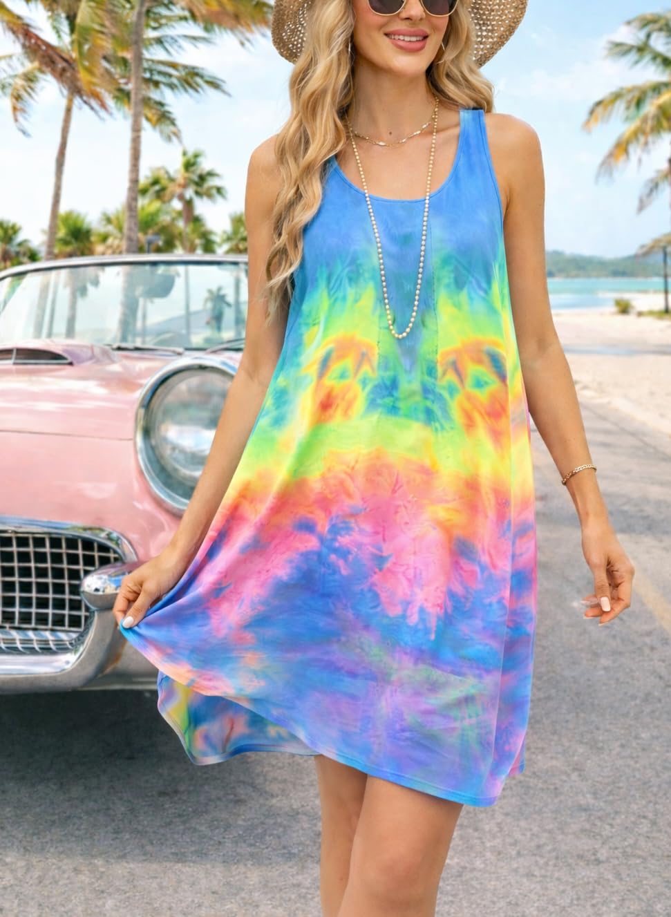 Women Sleeveless A-line Dress Round Neck Casual Swing Dress Lightweight Beach Su
