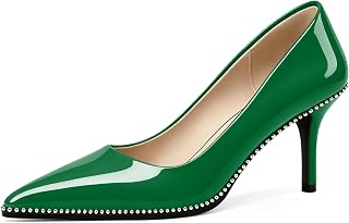 Women's Mid Stiletto Heels Low Kitten Heels Closed Pointey Toe Pumps Slip-on Sliver Beads Pumps Ladies Work Office Dress Shoes 2.5 Inches