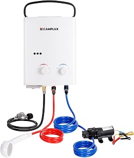 CAMPLUX 1.32 GPM Portable Propane Tankless Water Heater Outdoor Shower Kit | Portable Gas Shower System with 12V Pump, Long Power Cables and Hoses for Outdoor Camping, RV Trips, Off-Grid Use, White