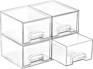 Vtopmart 4 Pack Small Clear Stackable Storage Drawers, Fits Narrow Spaces | Multi-Use Plastic Bins for Bathroom Cabinet Organizer, Makeup, Desk, Vanity, Undersink, Medicine ,Keeps Small Items Organized