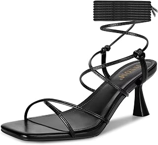 ISNOM Strappy Sandals for Women Kitten Heels Lace Up Heels Stiletto Heels Wrap Around Heels with Square Toe