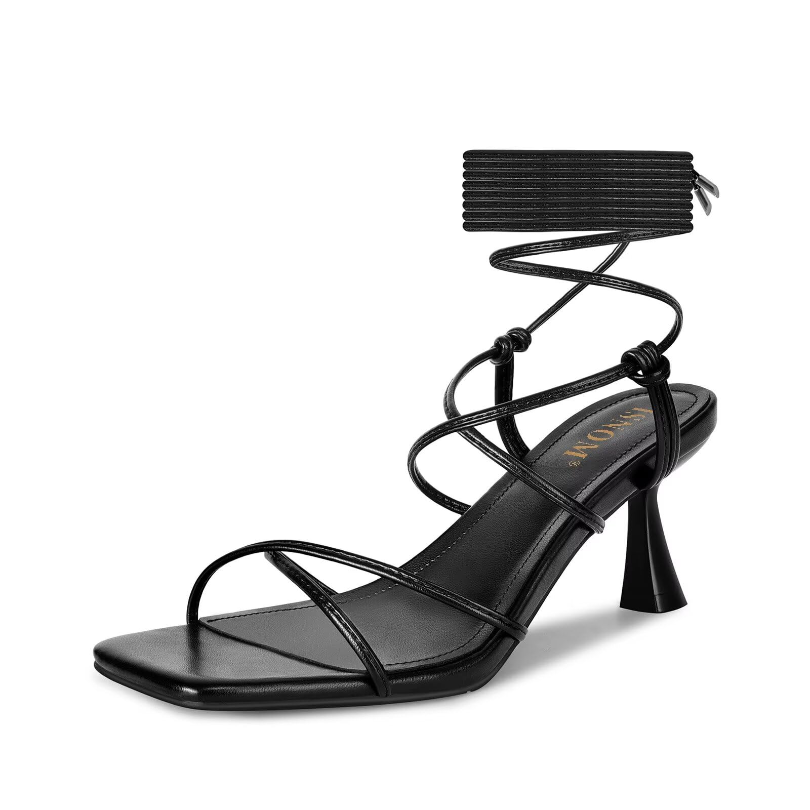ISNOM Strappy Sandals for Women Kitten Heels Lace Up Heels Stiletto Heels Wrap A