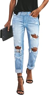 KUNMI Women's Ripped Mid Waisted Boyfriend Jeans Loose Fit Stretchy Distressed Denim Pants 1010 Light Blue X-Large