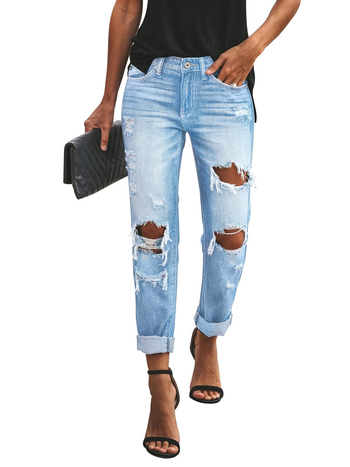 KUNMI Women's Ripped Mid Waisted Boyfriend Jeans Loose Fit Stretchy Distressed D