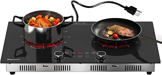 Disaenvir 2 Burner Electric Cooktop 110V, 2000W Shard Power | 24 Inch Ceramic Stove Countertop & Built Dual Burner, Knob and Touch Control with Timer, Safety Lock, 120V Portable Plug in
