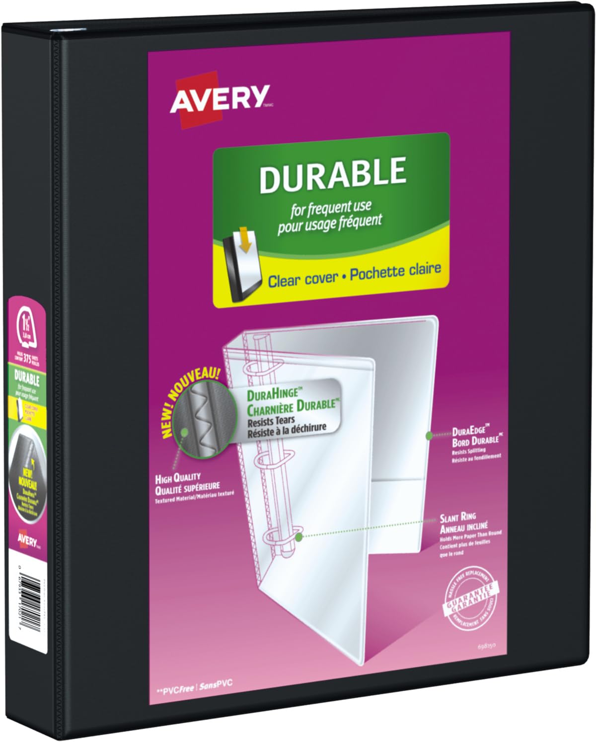 Avery Durable View 3 Ring Binder, 1.5 Inch, Slant D Rings, Black, 2 Pockets, 375
