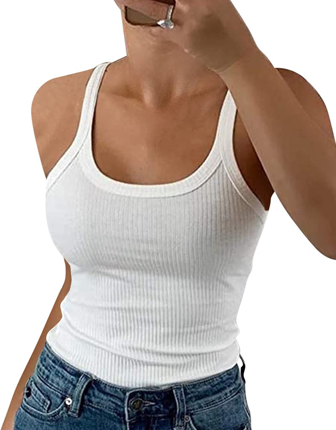 GEMBERA Women Spaghetti Strap Scoop Neck Ribbed Tank Tops Slim Fitted Cotton Cam