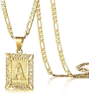 KissYan Initial Necklaces for Women Men | 14K Gold Filled/White Gold Plated, Square Letter Capital Monogram Pendant with 20''+2'' Figaro Chain, Alphabets from A-Z