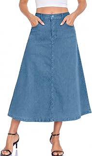 HOTIAN Womens Denim Long Maxi Jean Skirt A-Line Stretchy High Wasited Flared Midi Skirts with Pockets