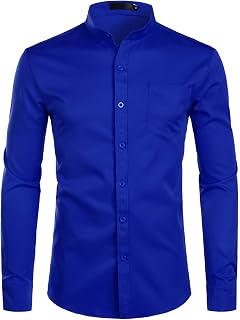 PARKLEES Men's Long Sleeve Grandpa Collar Dress Shirts with Pocket