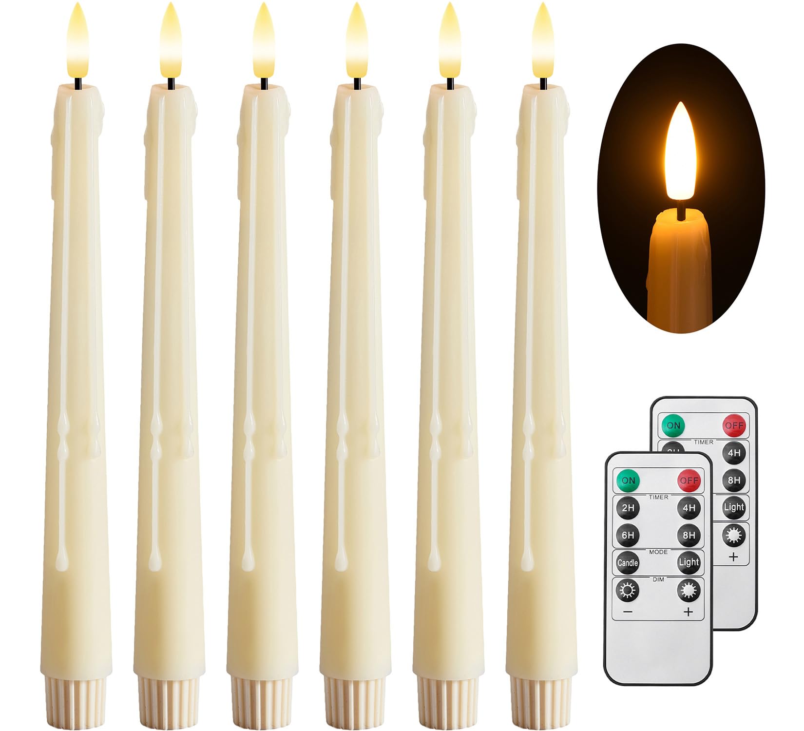 Stmarry 6 Pack Flameless Taper Candles with Remote and Timer - 9.65 Inch Ivory R