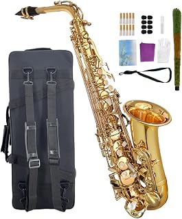 WUQIMUSC Beginner Alto Saxophone, E Flat - Complete Starter Kit with Case & 10 Reeds, for Adults & Students, Easy to Play for School Band & Practice(Gold)