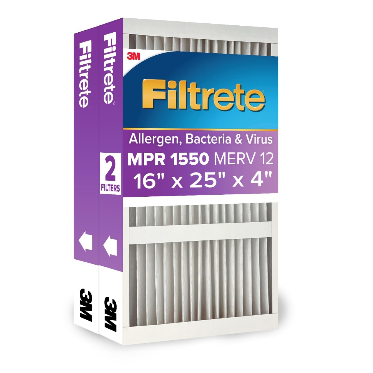 Filtrete 16x25x4 Air Filter, MERV 12, MPR 1550, 2 HVAC Filters | Allergen, Bacte