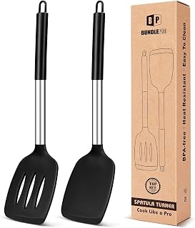 Pack of 2 Silicone Slotted Spatula,Non Stick Solid Kitchen Turner, High Heat Resistant BPA Free Cooking Utensils for Fish, Eggs, Pancakes（Black