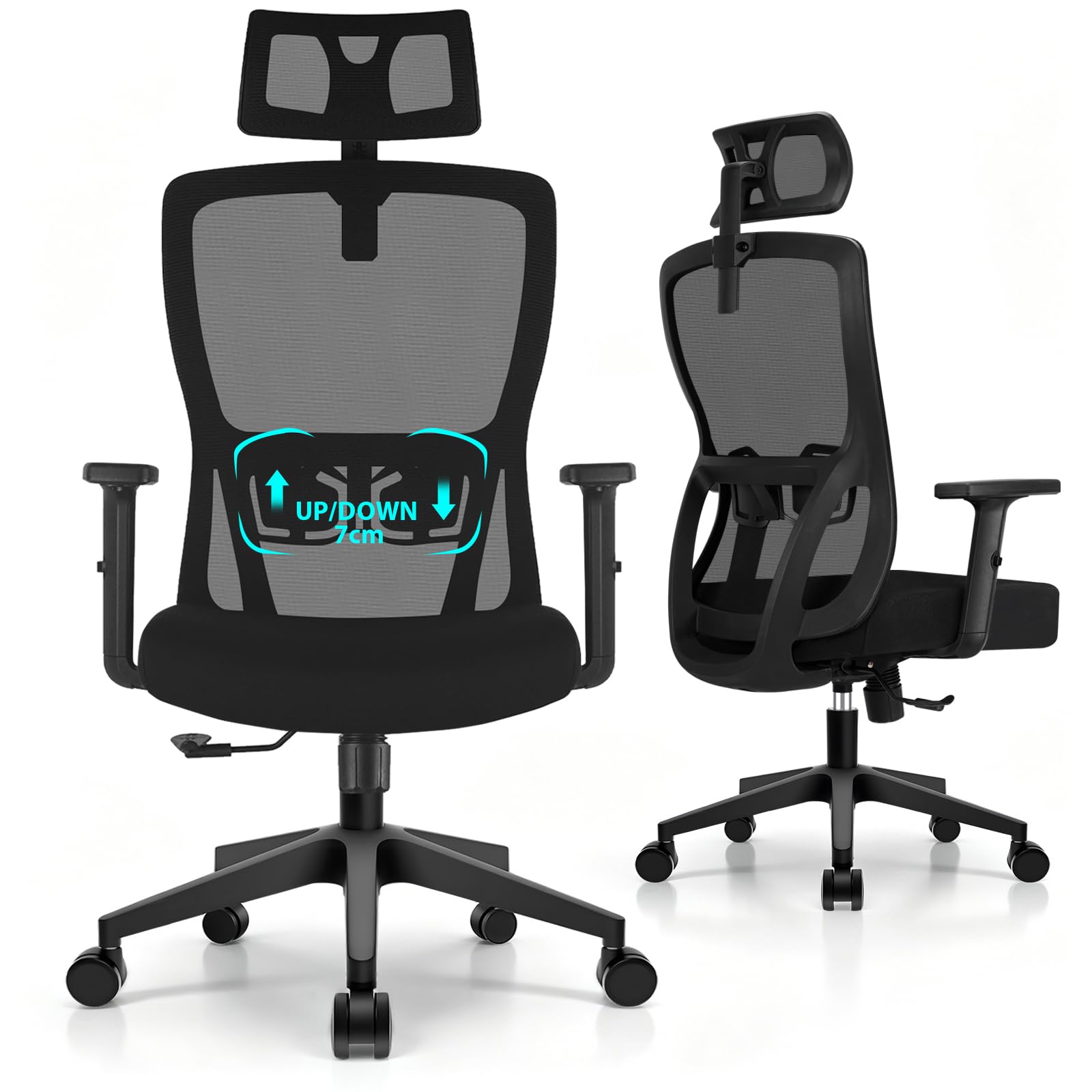 Durrafy Ergonomic Office Chair, Office Chair with Adjustable Headrest, Armrest, 