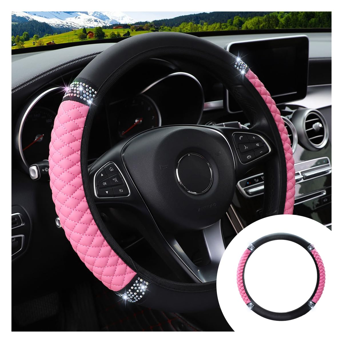 JOYCOURT 15 Inch Bling Soft Leather Car Steering Wheel Cover, Pink | Colorful Rh