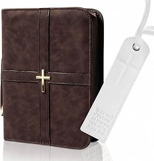 Bible Cover (U.S. Patent Pending), Discreet & Elegant Bible Case, Brown PU Leather Bible Cover, Cross Design Bible Bags, Strong and Sturdy Book Case, Includes Premium Bookmark