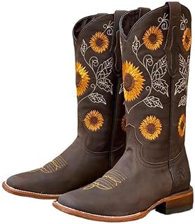 Ulalaza Women's Boots Western Cowboy Boots Mid Calf Cowgirl Boots Block Chunky Heel Embroidered Floral Mid Heel Casual Boots High Pointed Toe Boot Dress Boots Knee High Square Toe Short Booties