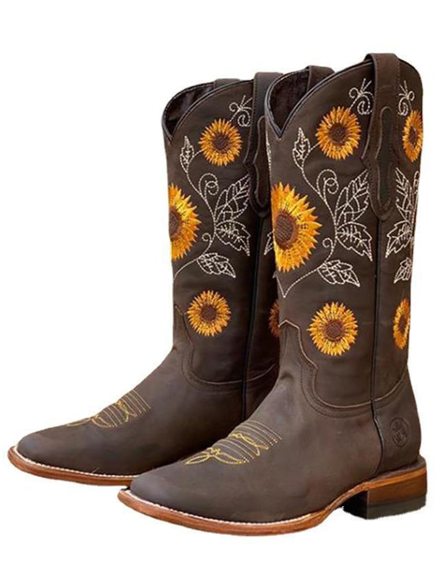 Ulalaza Women's Boots Western Cowboy Boots Mid Calf Cowgirl Boots Block Chunky H