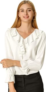 Allegra K Women Chiffon Blouse V Neck Ruffle Puff Sleeve Summer Blouse