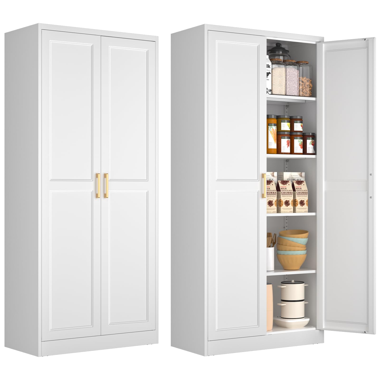Polup 71" White Metal Kitchen Pantry Storage Cabinet with Doors and Shelves | Ta