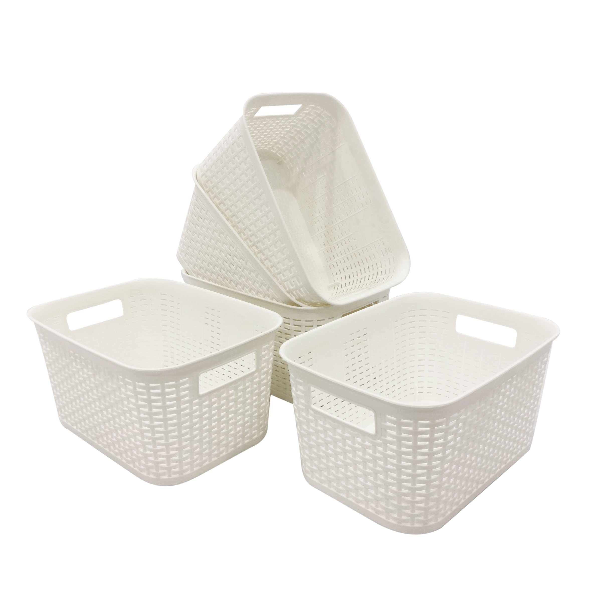 ABBAware Set of 5 9 Litre Storage Baskets with Handles in Rattan Design, White, 