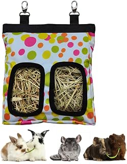 RIOUSSI Guinea Pig Hay Feeder, Hanging Rabbit Hay Feeder Bag. Colorful Dots | Upgraded Double Layer Fabric | Bite Resistant | Cleaner Hay & Less Mess | Small Animal Hay Holder for Bunnies & Chinchillas