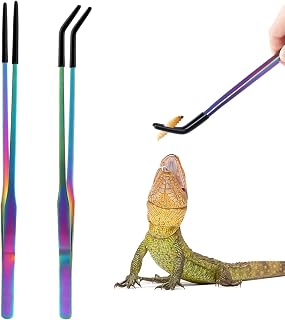 OLIISS Iridescent Reptile Feeding Tongs with Rubber Tips, 10.6", 2 Pack | Straight & Curved, Stainless Steel, Secure Grip, Feeder Tools for Bearded Dragons, Geckos & Lizards, Terrarium Tank Supplies
