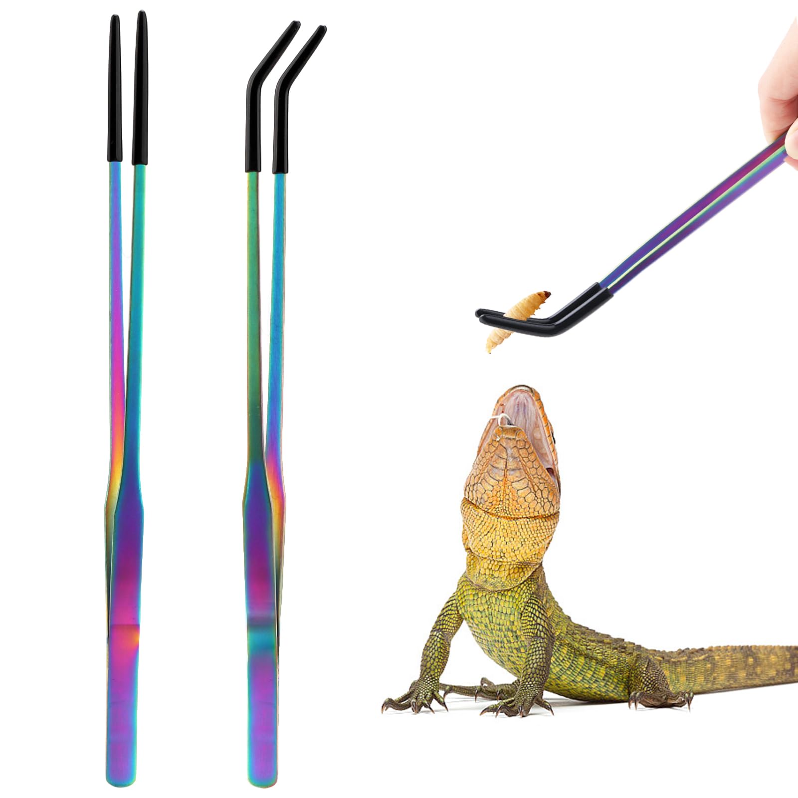 OLIISS Iridescent Reptile Feeding Tongs with Rubber Tips, 10.6", 2 Pack | Straig