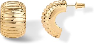 PAVOI 14K Gold Plated Ribbed Hoop Earrings for Women, Chunky Ridged Earring