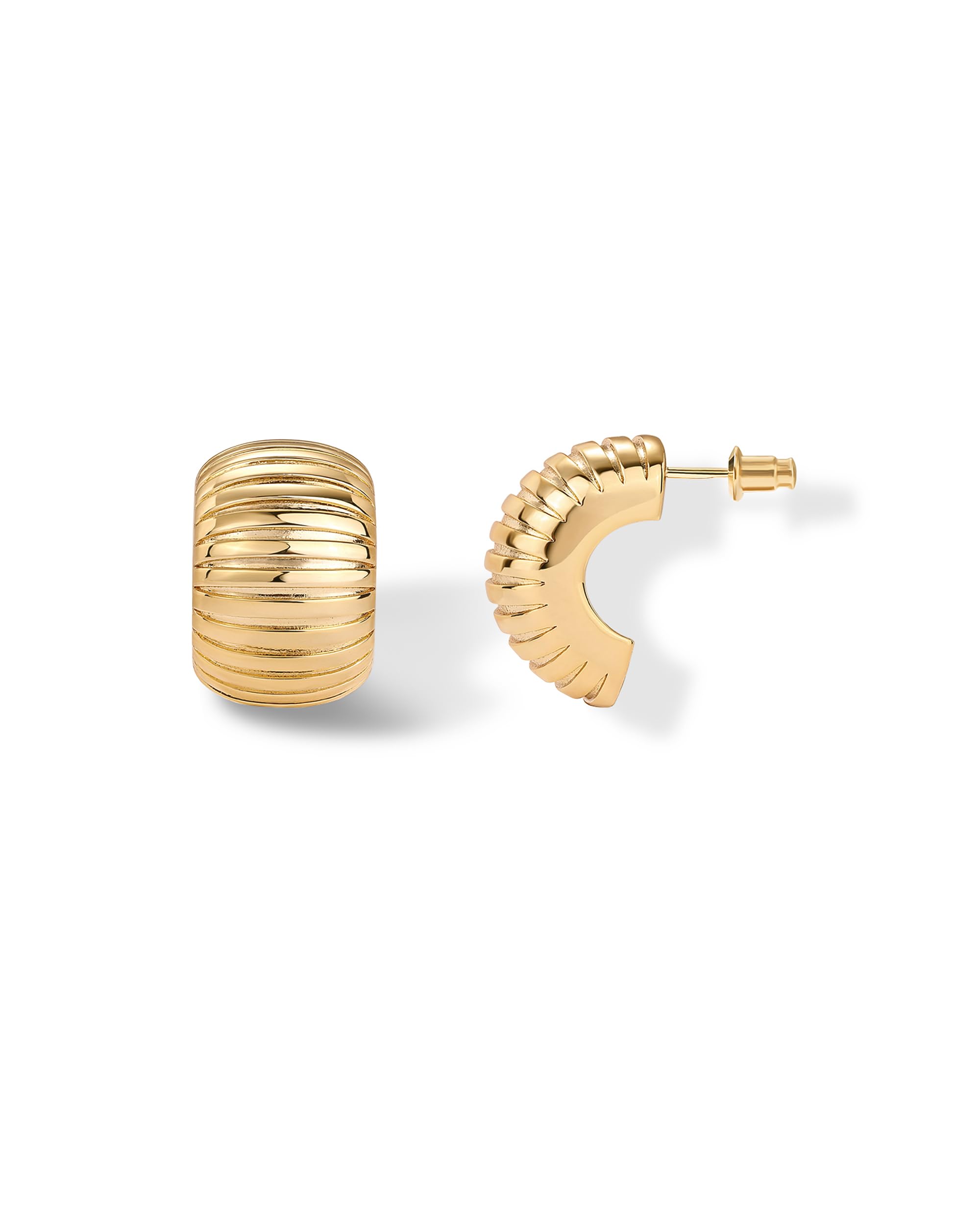 PAVOI 14K Gold Plated Ribbed Hoop Earrings for Women, Chunky Ridged Earring
