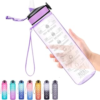 Hyeta Water Bottle with Straw & Time Marker, Plastic 32oz Leakproof