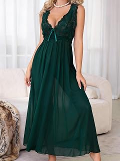 Women Green Long Elegant Nightdress Lace Mesh Panel Sheer Sleepwear Gown Sexy Lingerie Homewear
