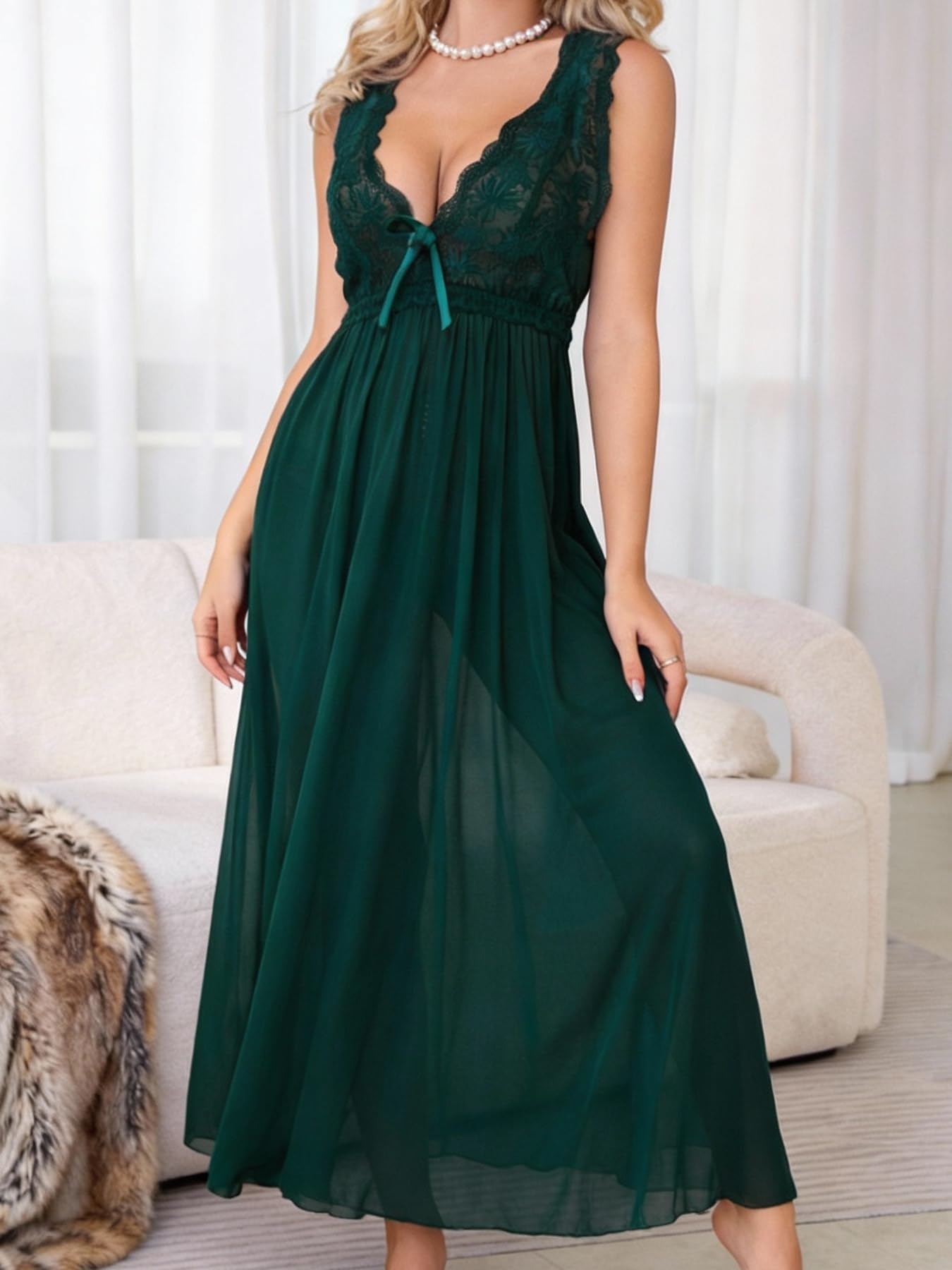 Women Green Long Elegant Nightdress Lace Mesh Panel Sheer Sleepwear Gown Sexy Li