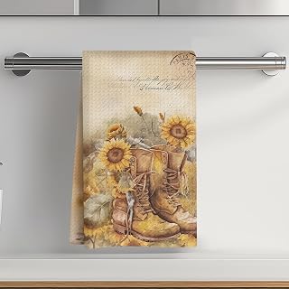 Watercolor Sunflower Kitchen Towels, Vintage Boot Decorative Absorbent Microfiber Dish Cloth Tea Towel, Waffle Soft Hand Towels for Farmhouse Home Bathroom, Sunflower Gifts