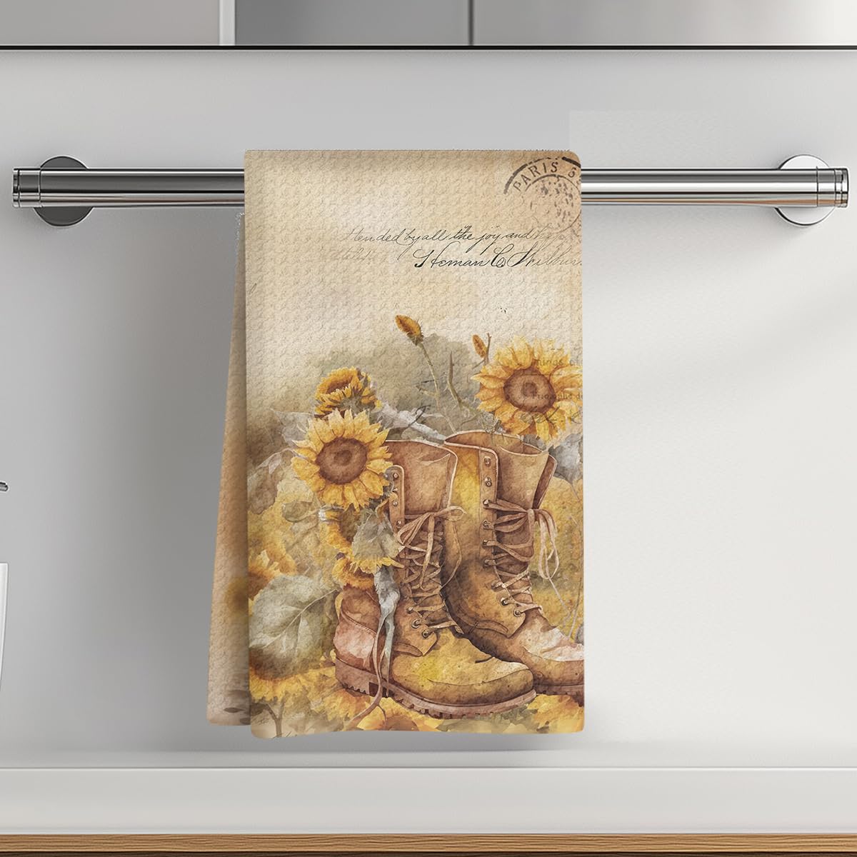 Watercolor Sunflower Kitchen Towels, Vintage Boot Decorative Absorbent Microfibe