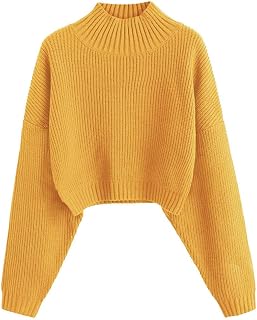 ZAFUL Women's Pullover Sweater Drop Shoulder Plain Knitted Cropped Sweater Pullover Solid Long Sleeve Cropped Tops