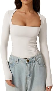 QINSEN Women's Sexy Square Neck Shirt Long Sleeve Double Lined Tees Fitted Going Out Tops