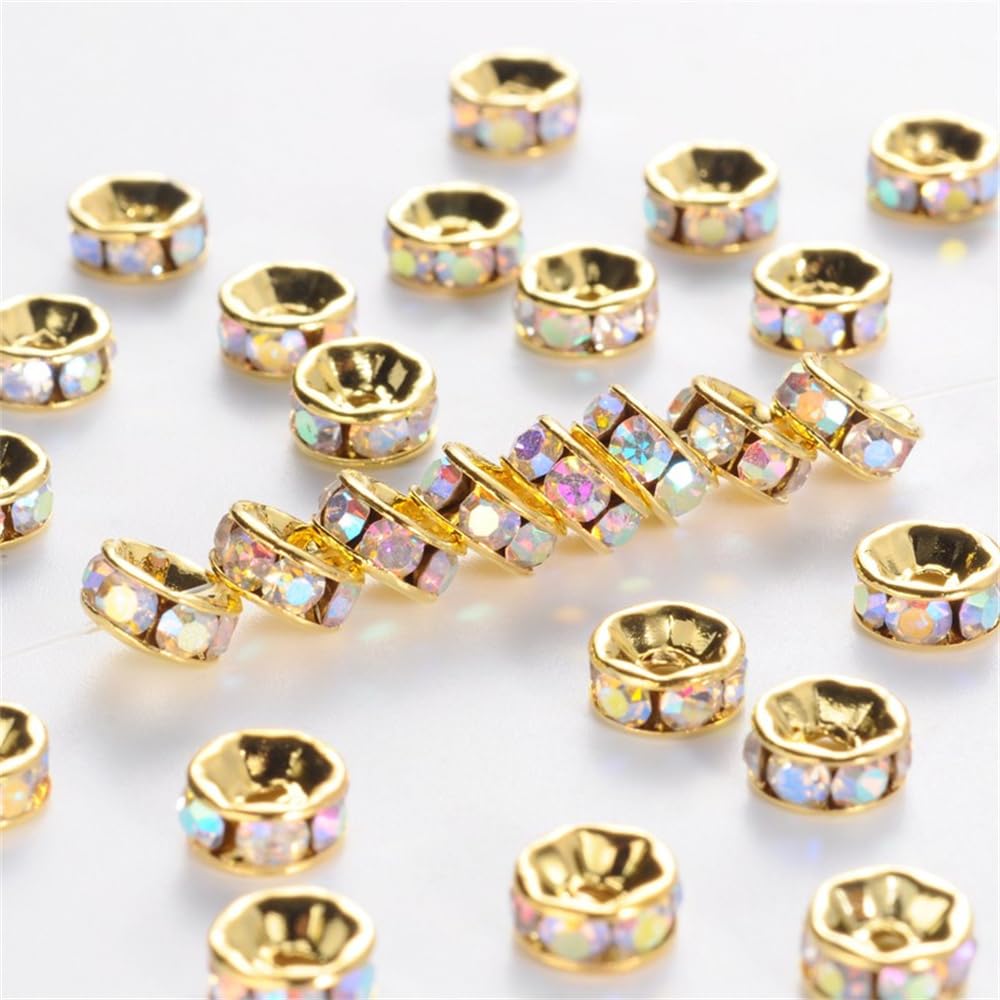 100Pcs Golden Plated Brass Flat Round Rhinestone Spacer Beads Rondelle Straight 