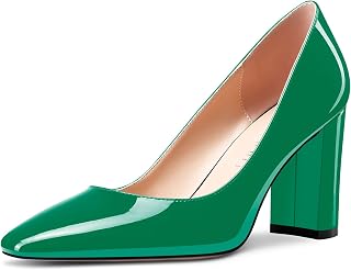 NobleOnly Women's High Chunky Block Heel Square Closed Toe Cap Slip-on Pumps Classic Cute Dress Shoes
