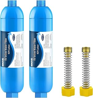 RV Inline Water Filter with Flexible Hose Protector, Certified by NSF to Reduce Bad Taste, Odors, Chlorine, Lead, Fluoride in Drinking Water, Compatible with 40013, 40041, 40043 KDF Filter (2 Packs)